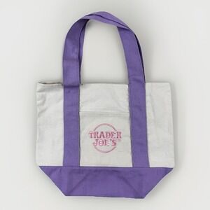 Trader Joes Mini Canvas Tote Bag Pastel Purple Pink Embroidery 8"‎ Purse